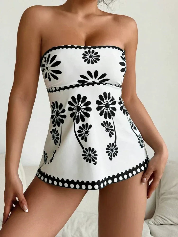 Margarita | Set tankini cu imprimeu de margarete care acoperă burtica