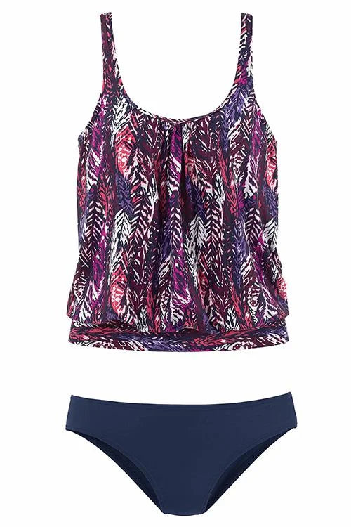 penacho | Set de tankini cu imprimeu de pene care acoperă abdomenul