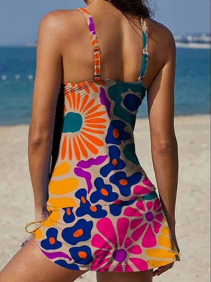 Fiesta | Set de tankini floral cu grafic care acoperă burtica
