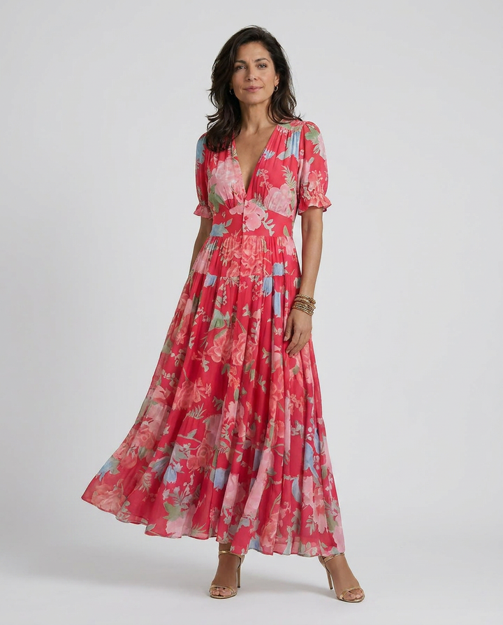 Minelda | Rochie elegantă cu decolteu în V, imprimeu floral