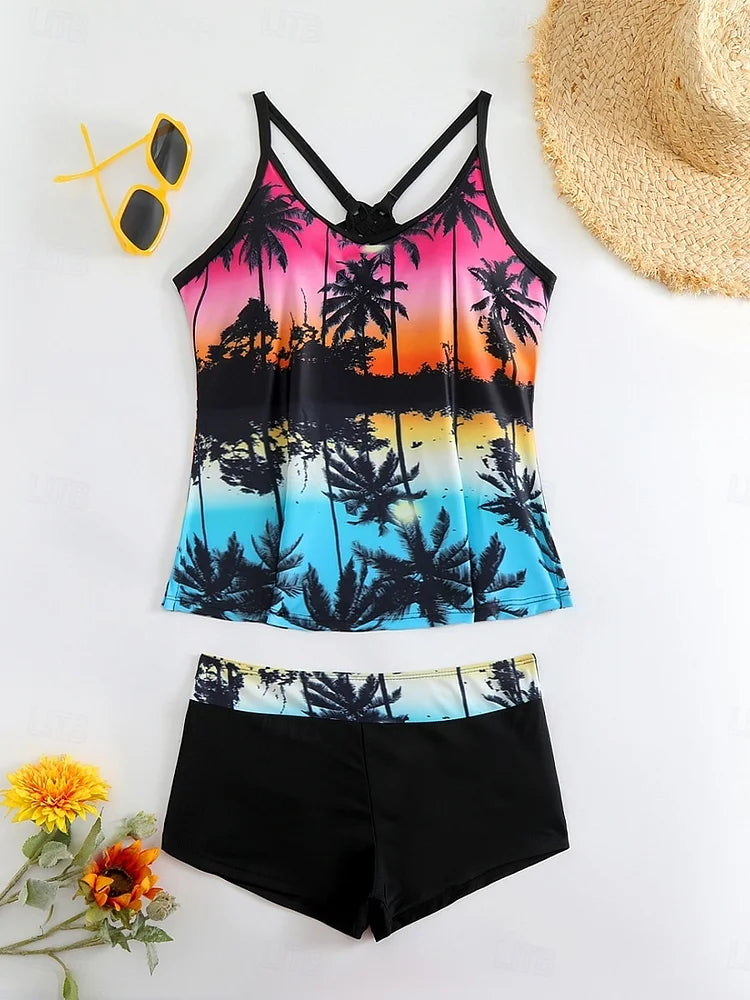 La Habana | Set de tankini cu imprimeu tropical și pantaloni scurți de baie