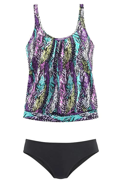 penacho | Set de tankini cu imprimeu de pene care acoperă abdomenul