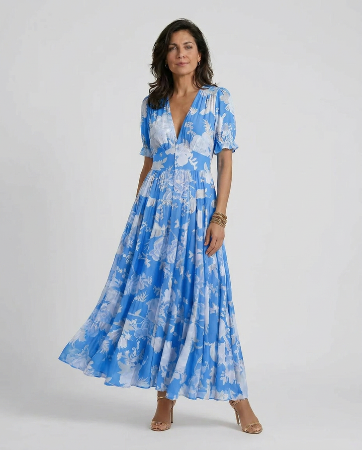 Minelda | Rochie elegantă cu decolteu în V, imprimeu floral